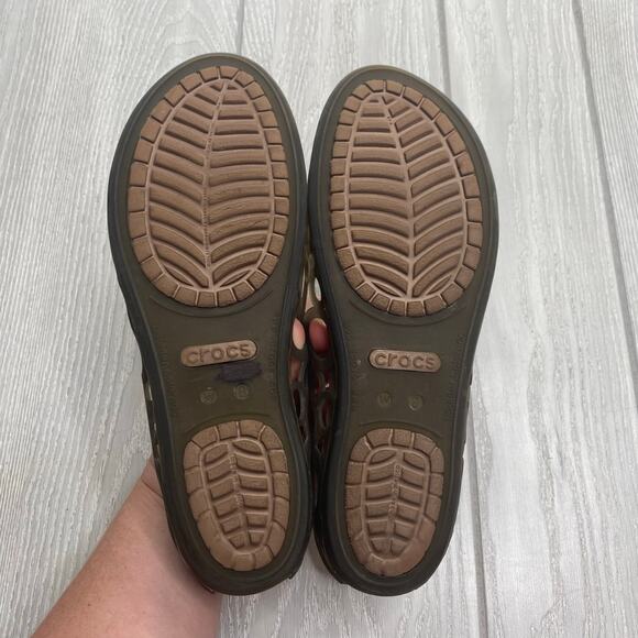 Crocs Women's Tan Smoked Jelly Rubber Peep Toe Adrina Flats Size 8 - Picture 2 of 10